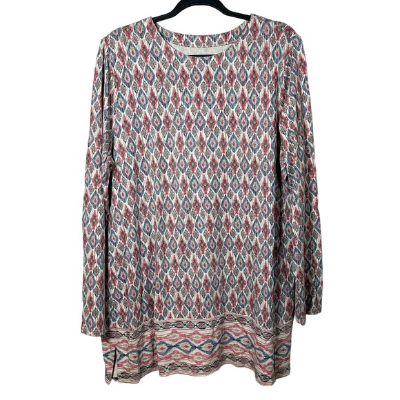 J. Jill XLarge Tall Luxe Supima Forward Seam Long Sleeve Tunic Red Blue Chevon - Picture 1 of 4